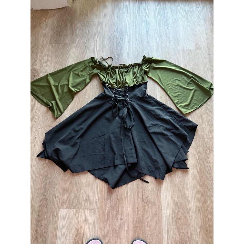 Romwe Olive Green Black Lace Up Bell Sleeve Renaissance Cottagecore Dress Size S